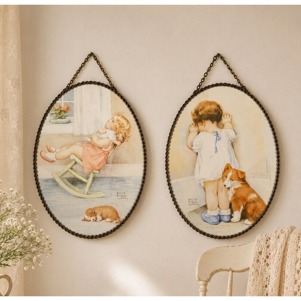 VTG Bessie Pease Gutmann Flue Cover Pair In Disgrace & The Lullaby Oval Wall Art